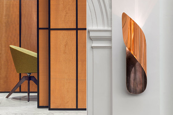 Lobby of Hôtel Vernet. Folded copper bracket lamp designed by François Champsaur and fabricated by Pouenat. - Brass mesh screen designed by François Champsaur and fabricated by Gendre. - Photograph courtesy of Hôtel Vernet.
