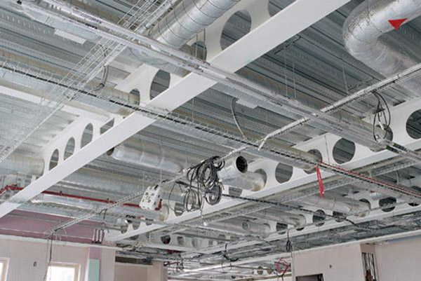 Showing complex services integration in cellular, long-span beams, Bishop Aukland Hospital - Image courtesy of of ASD Westok Ltd.