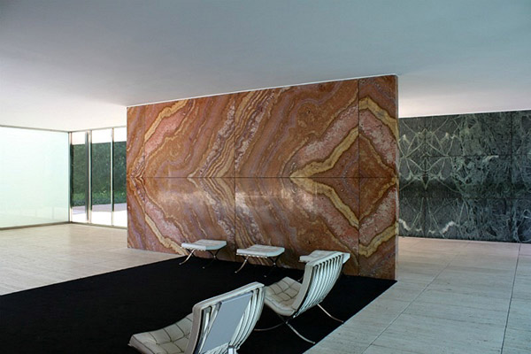 The Barcelona Pavilion, 1929. An interior wall created from marble, glass and travertine planes intersected. Photo by Stephanie and Steve Chambers