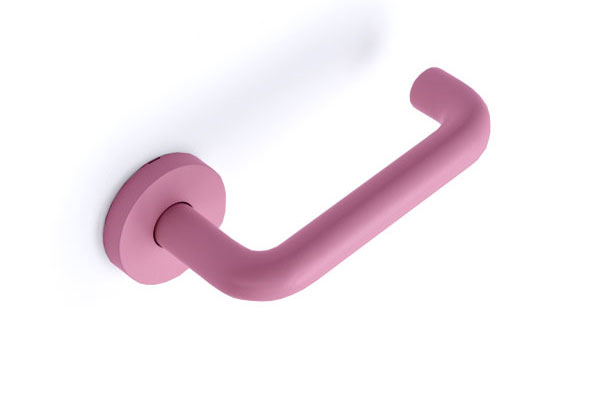3V 522 Antimicrobial Powder coated lever door handle in JDL Dexo Rose by Double Stone Steel Europe Ltd