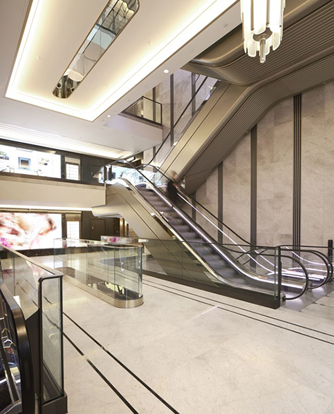 The renovated escalator hall with glossy new finishes and PVD coloured stainless steel trims. Architectural design by Make Architects PVD coloured stainless steel trim by Double Stone Steel Europe Ltd The renovated escalator hall with glossy new finishes and PVD coloured stainless steel trims. Architectural design by Make Architects PVD coloured stainless steel trim by Double Stone Steel Europe Ltd