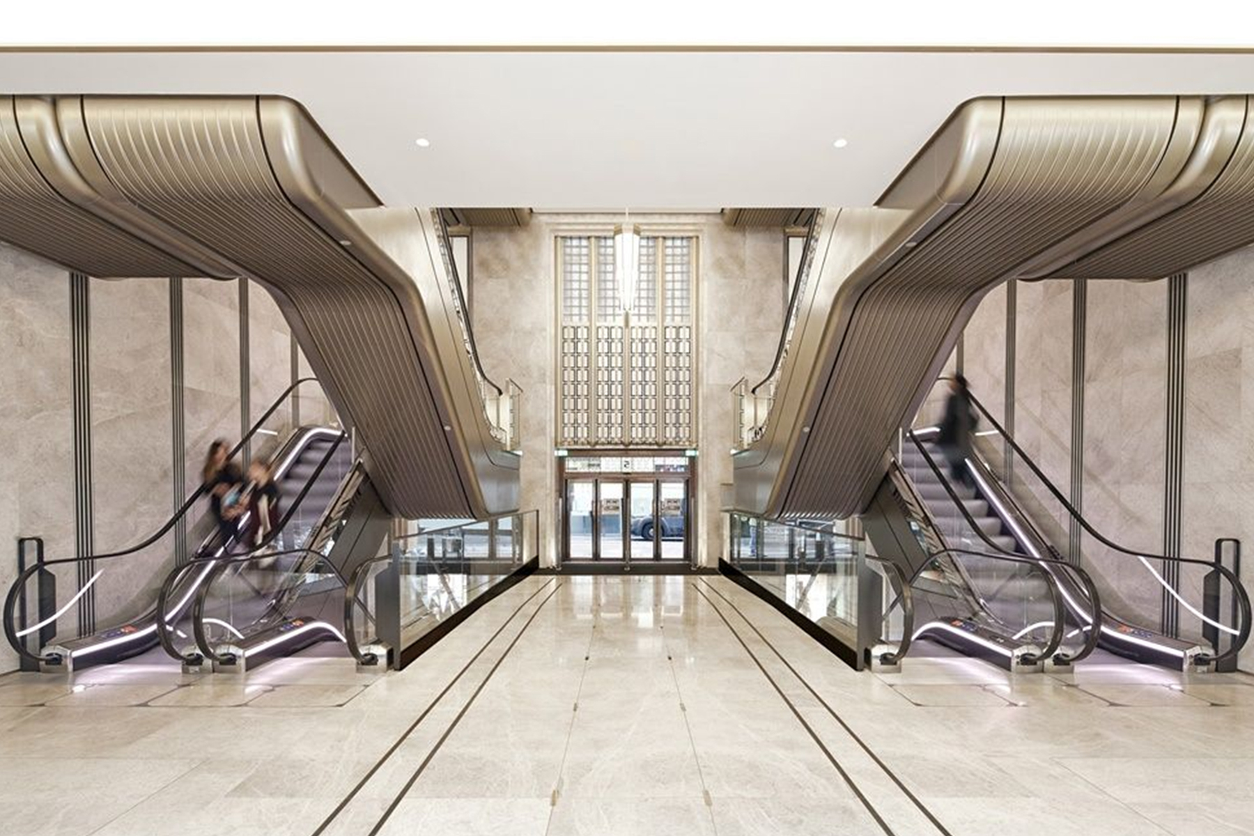 The upgraded escalator hall, Knightsbridge Store, London, UK - Architect: Make Architects - PVD coloured stainless steel trims: Double Stone Steel Europe Ltd The upgraded escalator hall, Knightsbridge Store, London, UK - Architect: Make Architects - PVD coloured stainless steel trims: Double Stone Steel Europe Ltd