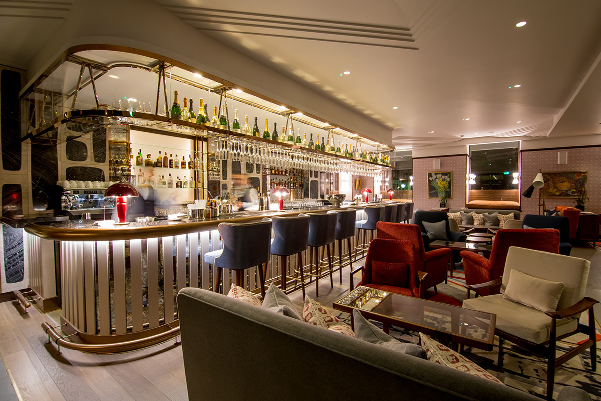 The Champagne Bar. The Devonshire Club Hotel Interior Design: March & White PVD coloured stainless steel: Double Stone Steel Europe Ltd