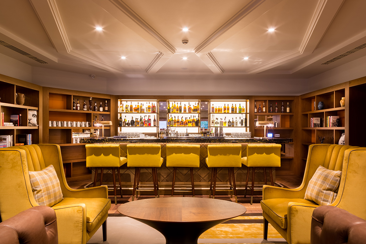 The Library Bar. The Devonshire Club Hotel Interior Design: March & White PVD coloured stainless steel: Double Stone Steel Europe Ltd