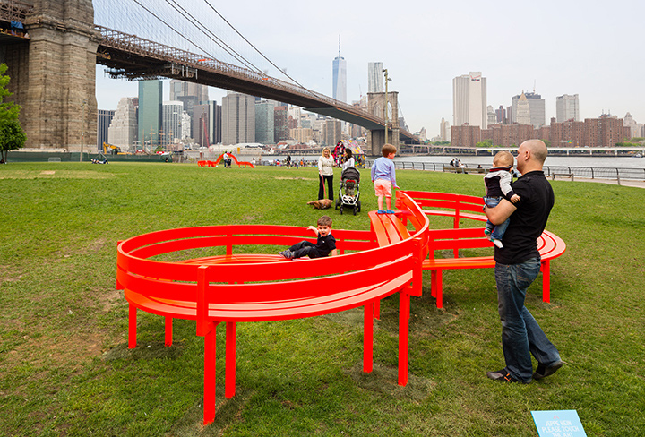 One of the sixteen benches, part of the exhibition “Please Touch the Art” along the Brooklyn Bridge, New York. - Image from publicartfund.org
