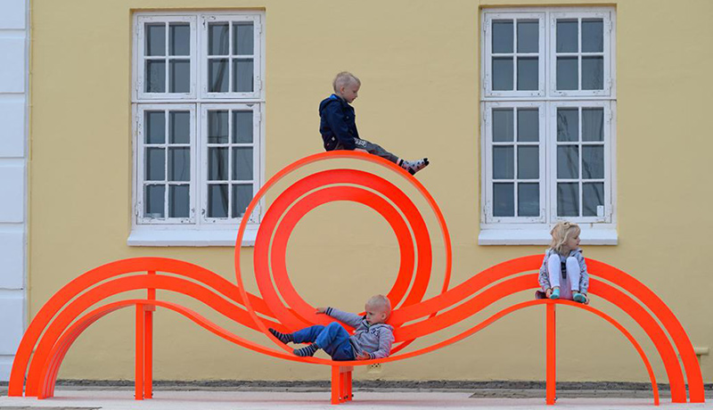Modified Social Benches in Lemvig Harbour by Jeppe Hein. Fabricated from powder-coated steel.