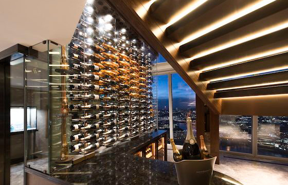 The Shangri-La Sky Lounge on the 34th floor of the Shard. - The wine wall, shown here, holds over 500 bottles of wine and champagne.