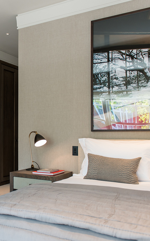 Bedroom. Bedford Gardens, London. Architects: Nash Baker Interior Designers: DeSalles Flint Architectural metalwork & PVD stainless steel: Double Stone Steel Europe Ltd