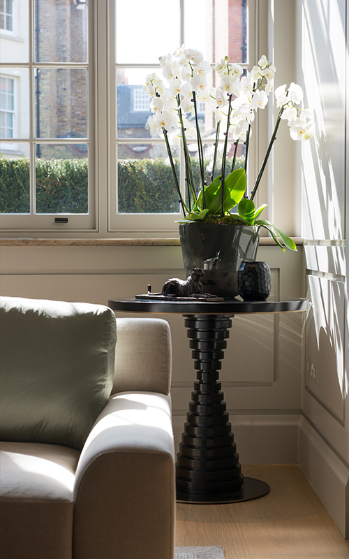 Ground floor formal sitting room corner arrangement with orchid. Bedford Gardens, London. Architects: Nash Baker Interior Designers: DeSalles Flint Architectural metalwork & PVD stainless steel: Double Stone Steel Europe Ltd - Photography by Toby Webb