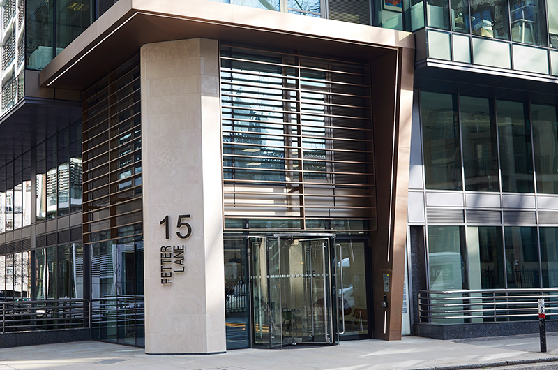 15 Fetter Lane, EC4A, London. Brise Soleil, tapered column and canopy in Chocolate PVD stainless steel V-Grooved and folded to appear as solid bronze. - Architects: McBains Cooper - Client: British Steel Pension Fund Trustees Ltd - Fit-out: Nucom Interiors - PVD stainless steel & fabrication: Double Stone Steel Europe Ltd 15 Fetter Lane, EC4A, London. Brise Soleil, tapered column and canopy in Chocolate PVD stainless steel V-Grooved and folded to appear as solid bronze. - Architects: McBains Cooper - Client: British Steel Pension Fund Trustees Ltd - Fit-out: Nucom Interiors - PVD stainless steel & fabrication: Double Stone Steel Europe Ltd