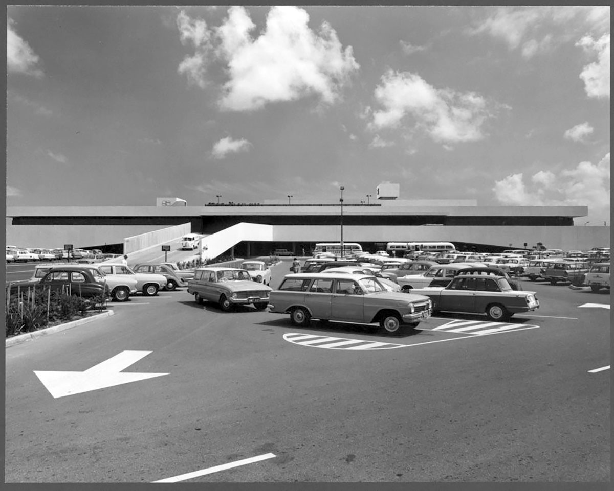 Southland Shopping Centre seen from the parking area, 1969 / photograph by Wolfgang Sievers / Pictures Collection, State Library Victoria H98.30/321