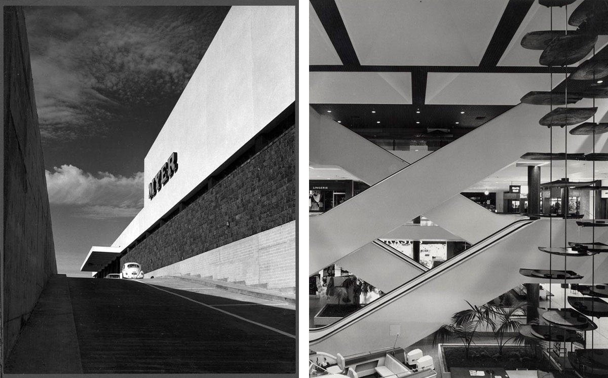 Myer façade and atrium escalators at Southland Shopping Centre by Tomkins Shaw & Evans / photographs by Wolfgang Sievers / Pictures Collection, State Library Victoria H98.30/312 and H98.30/310