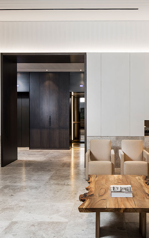 The elevator lobby is clearly visible from the reception area and complements the overall design. - Elevator architrave and panels in V-Grooved PVD coloured stainless steel in Chocolate Vibration. Fenman House, Apartment Building, 9 Handyside St, King’s Cross, London N1C. - Fabrication, V-Grooving and folding of stainless steel by Double Stone Steel Europe Ltd. The elevator lobby is clearly visible from the reception area and complements the overall design. - Elevator architrave and panels in V-Grooved PVD coloured stainless steel in Chocolate Vibration. Fenman House, Apartment Building, 9 Handyside St, King’s Cross, London N1C. - Fabrication, V-Grooving and folding of stainless steel by Double Stone Steel Europe Ltd.