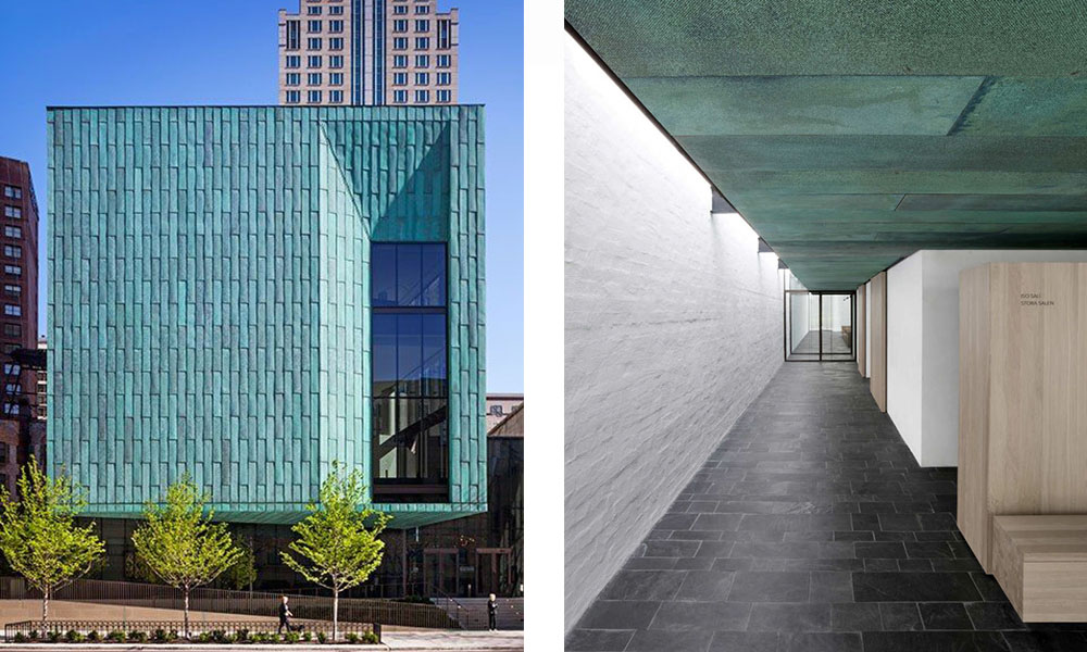 Above left The pre-aged copper façade of the Fourth Presbyterian Church in Chicago by Gensler and Above right the pre-aged copper ceiling in the St Lawrence Chapel in Vantaa by Avanto Architects