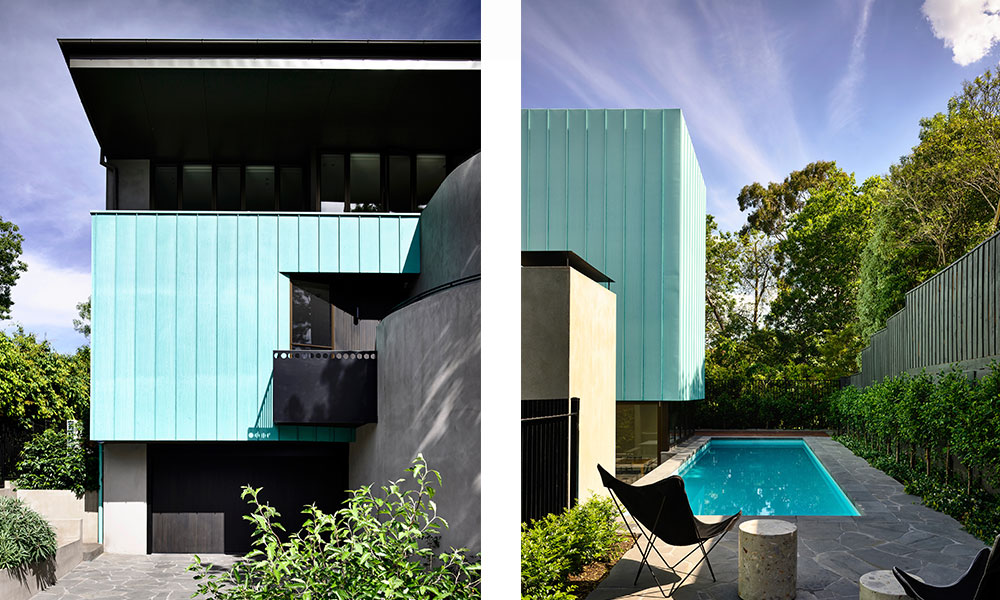 Pre-aged copper cladding panels create a green façade for Eaglemont House by Kennedy Nolan Architects. Photography by Derek Swalwell