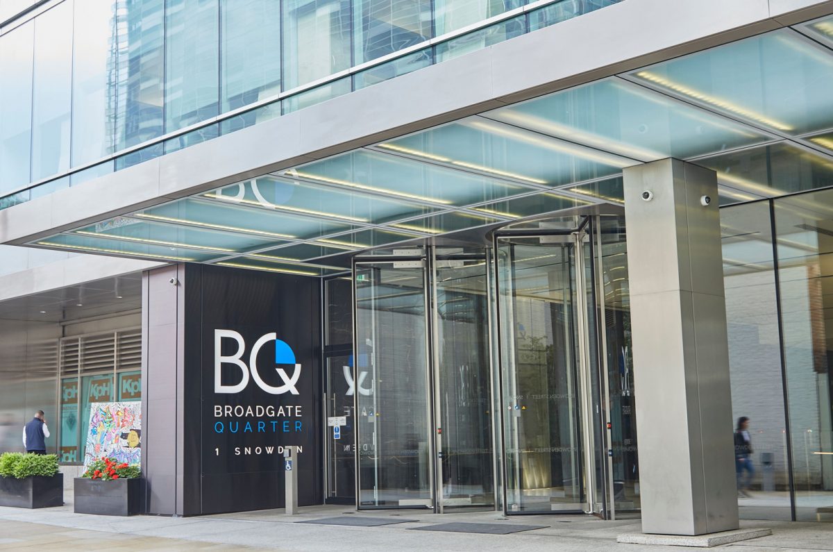 Cantilevered stainless steel canopy comprises a statement façade for the cornerstone building in fashionable Broadgate Quarter