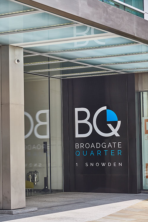 Frameless Glazed Satin Stainless Steel Canopy. 1 Broadgate Quarter, Snowden St, London, EC2A 2AW - Architects: John Robertson Architects. - Stainless Steel Canopy: Double Stone Steel Europe Ltd. - The canopy creates a contemporary context for the rebranding of Broadgate Quarter.