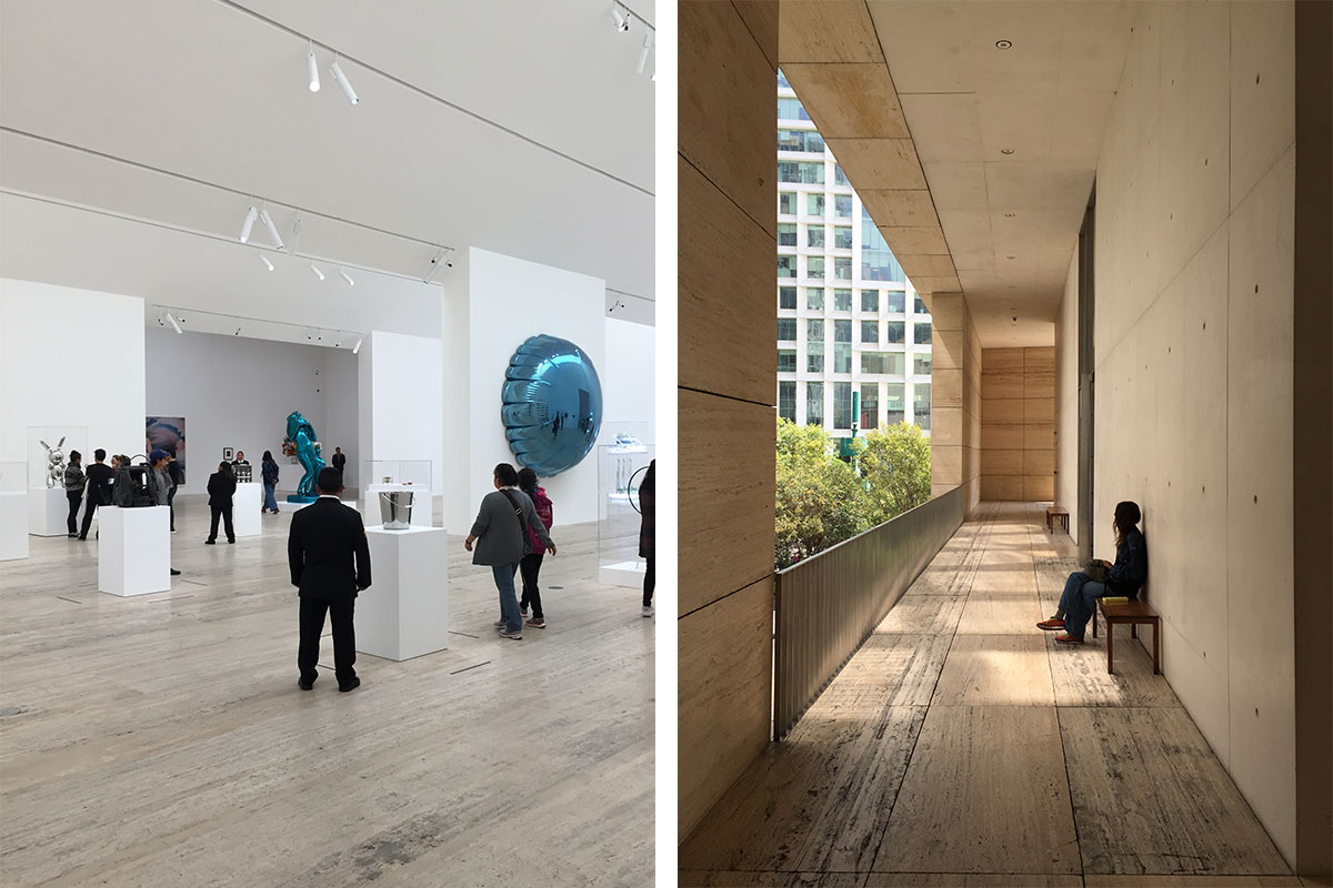 Left: The top floor at the Jumex Museum is the biggest exhibition space in the building. It is lit by saw-tooth skylights which from the outside give the impression of a large studio. Photograph by Antonio Moll. - Right: Balconies extend on all four sides from the first floor gallery space at the Jumex Museum in Mexico City, giving visitors an opportunity to observe life in the busy piazza below. Photograph by Antonio Moll