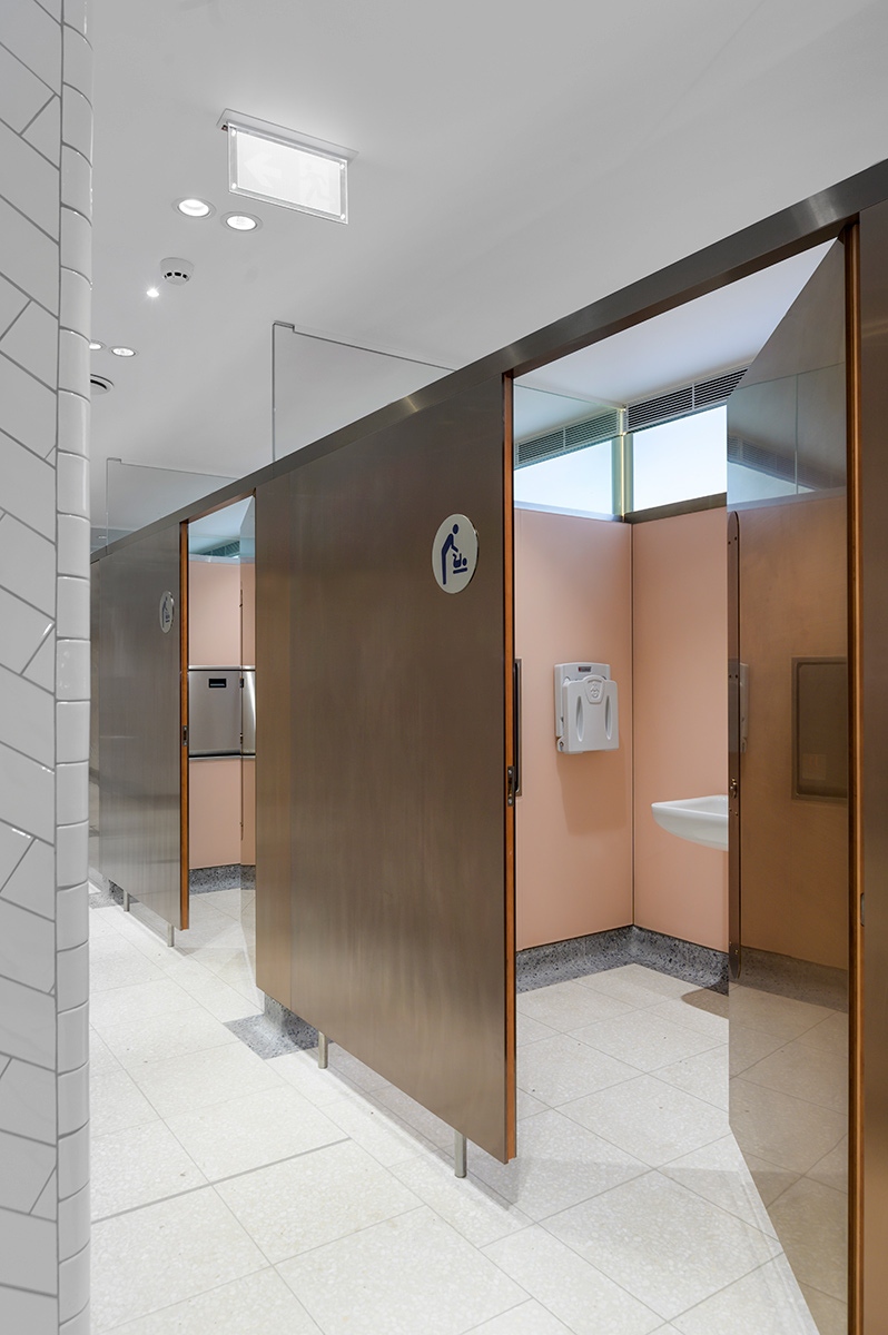 Toilet cubicles with calming colour palette interior, down-to-the- floor partition and PVD coloured stainless steel doors in Rose Gold Hairline. Project: WCs upgrade, Victoria Station, London Client: Network Rail Architects: Landolt + Brown Fitout: Maxwood Washrooms PVD coloured stainless steel by Double Stone Steel Architectural metalwork by Double Stone Steel Europe Ltd Toilet cubicles with calming colour palette interior, down-to-the- floor partition and PVD coloured stainless steel doors in Rose Gold Hairline. Project: WCs upgrade, Victoria Station, London Client: Network Rail Architects: Landolt + Brown Fitout: Maxwood Washrooms PVD coloured stainless steel by Double Stone Steel Architectural metalwork by Double Stone Steel Europe Ltd