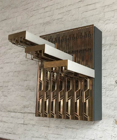 Maquette to demonstrate the laser-cut bronze design for the lift core and stairs, The Gaslight Building, 29 – 35 Rathbone Street, London. - Created by bureau de change design office - Laser-cut PVD coloured stainless steel in custom Bronze by Double Stone Steel in partnership with Double Stone Steel Europe Ltd. - Photography by Gilbert McCarragher Maquette to demonstrate the laser-cut bronze design for the lift core and stairs, The Gaslight Building, 29 – 35 Rathbone Street, London. - Created by bureau de change design office - Laser-cut PVD coloured stainless steel in custom Bronze by Double Stone Steel in partnership with Double Stone Steel Europe Ltd. - Photography by Gilbert McCarragher
