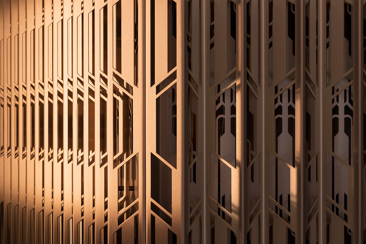 The Gaslight Building, 29 – 35 Rathbone Street, London. - Developer: I.S.A Holdings - Interior architecture and design: bureau de change design office - Architects: dMFK Architects - Laser-cut PVD coloured stainless steel in custom Bronze for stairs, lift core and architectural detailing by Double Stone Steel in partnership with Double Stone Steel Europe Ltd. - Showing the detail and moiré effect of the three layers laser-cut screens influenced by lift designs from the Art Deco era - Photography by Gilbert McCarragher The Gaslight Building, 29 – 35 Rathbone Street, London. - Developer: I.S.A Holdings - Interior architecture and design: bureau de change design office - Architects: dMFK Architects - Laser-cut PVD coloured stainless steel in custom Bronze for stairs, lift core and architectural detailing by Double Stone Steel in partnership with Double Stone Steel Europe Ltd. - Showing the detail and moiré effect of the three layers laser-cut screens influenced by lift designs from the Art Deco era - Photography by Gilbert McCarragher
