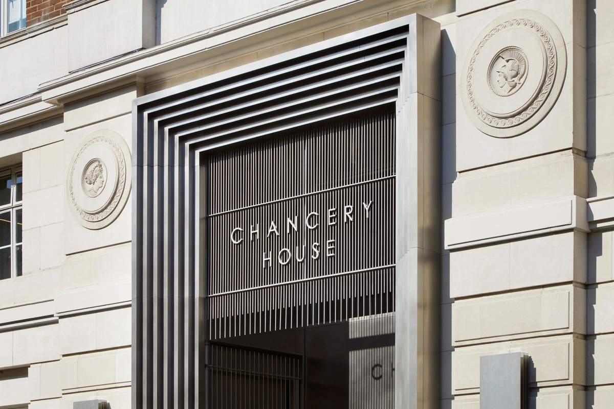 Entrance portal, gate and signage, Chancery House, 53-64 Chancery Ln, London WC2A 1QS - Client: The Office Group - Architects: dMFK Architects and Norm Architects - Architectural metalworks: Double Stone Steel Europe Ltd Entrance portal, gate and signage, Chancery House, 53-64 Chancery Ln, London WC2A 1QS - Client: The Office Group - Architects: dMFK Architects and Norm Architects - Architectural metalworks: Double Stone Steel Europe Ltd