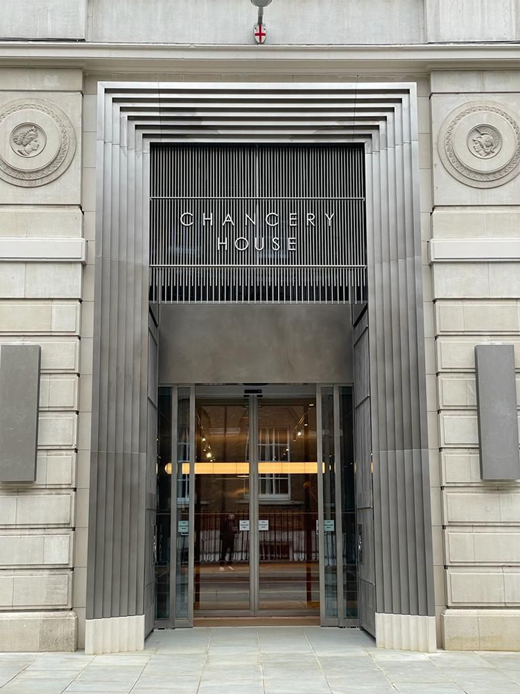 Laser-cut and hand-burnished stainless steel lettering to create sign for main entrance. - The London Silver Vaults, Chancery House, 53-64 Chancery Lane, WC2A 1QS. - Architects: dMFK Architects - Architectural metalwork fabrication & installation: Double Stone Steel Europe Ltd. Laser-cut and hand-burnished stainless steel lettering to create sign for main entrance. - The London Silver Vaults, Chancery House, 53-64 Chancery Lane, WC2A 1QS. - Architects: dMFK Architects - Architectural metalwork fabrication & installation: Double Stone Steel Europe Ltd.